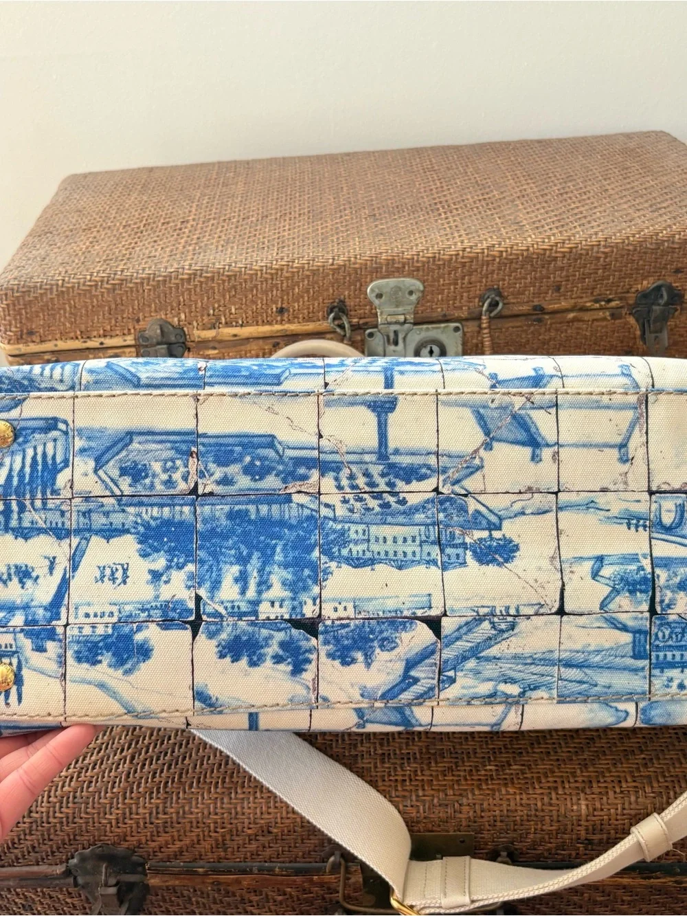 Prada Blue and White Scenic Satchel with Cream Handles